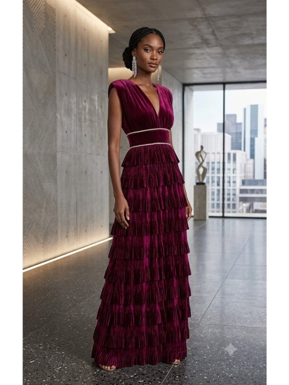 Bronx & Banco Burgundy Velvet Flared Maxi Dress size M US 6 Formal Semi-Formal